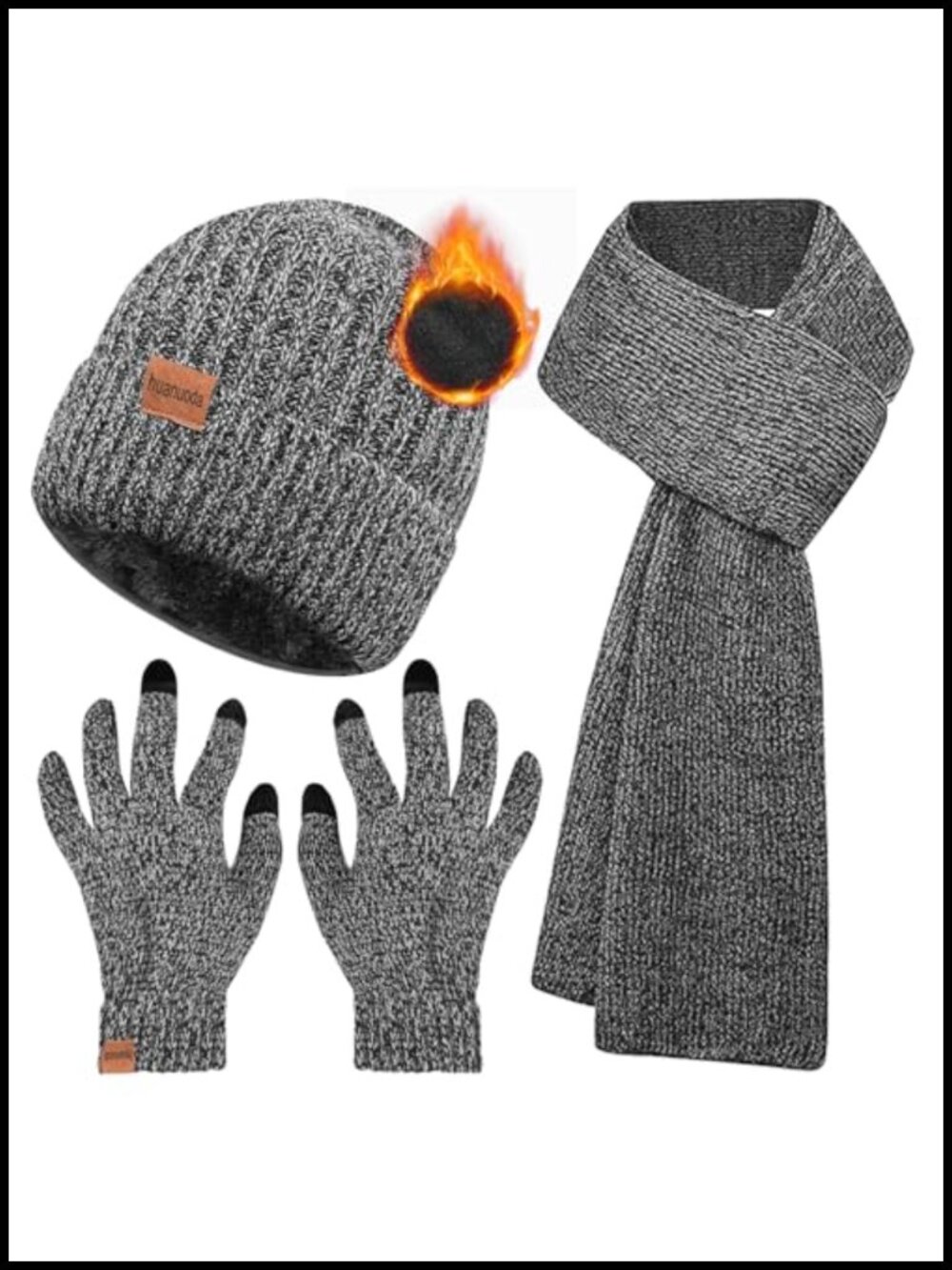 3PC Winter Beanie Scarf Touchscreen Gloves Set Fleece Lined Knit Thermal